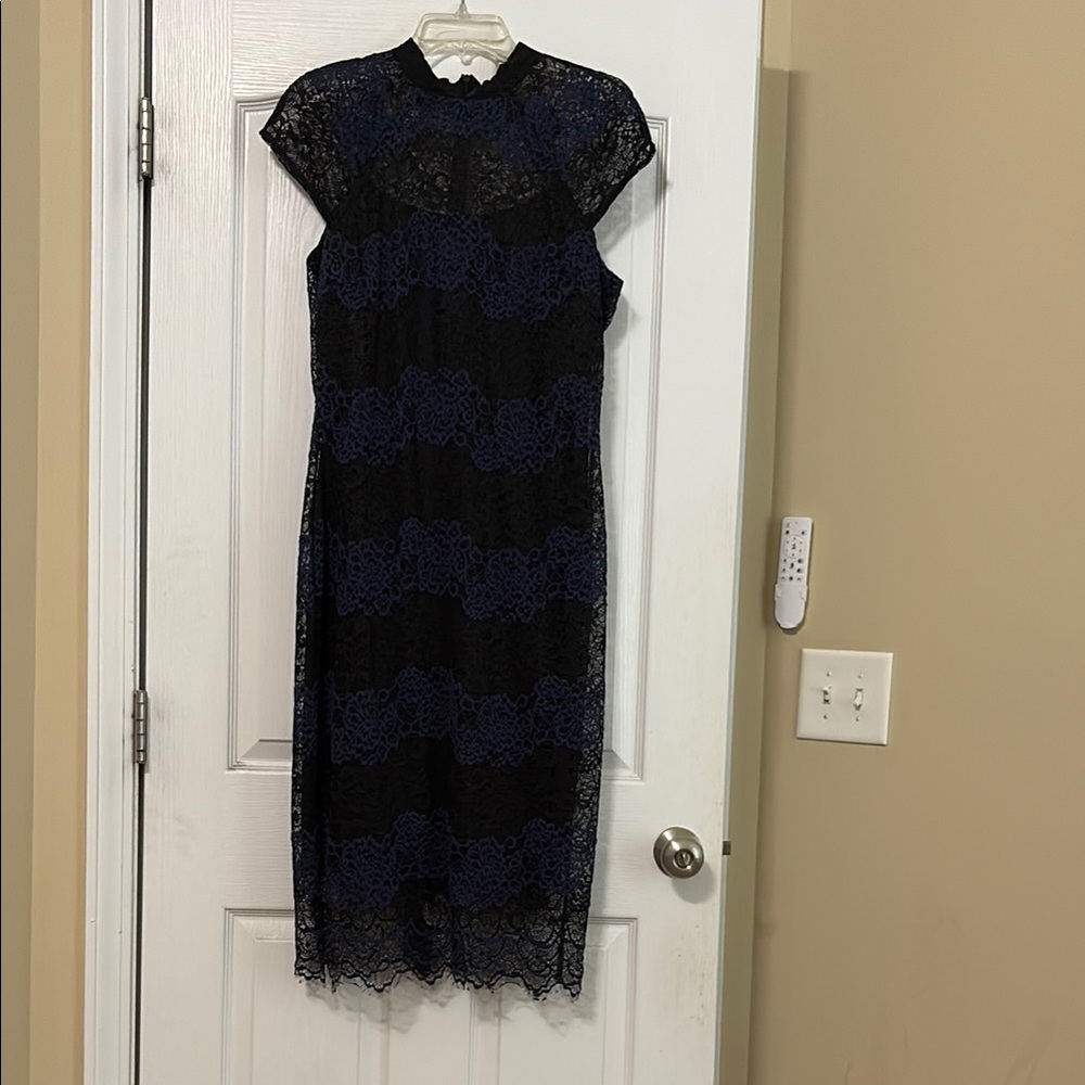 Eva Mendes Black Sheath Midi Dress with Mock Neck